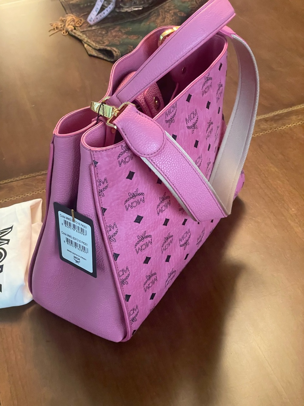 MCM Pink Visetos Signature Satchel with Gold Hardware